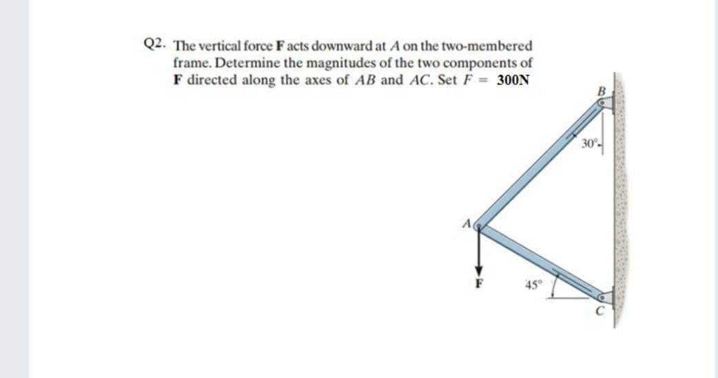 Q2. The vertical force F acts downward at A on the two-membered
frame. Determine the magnitudes of the two components of
F directed along the axes of AB and AC. Set F = 300N
30°-
45°
