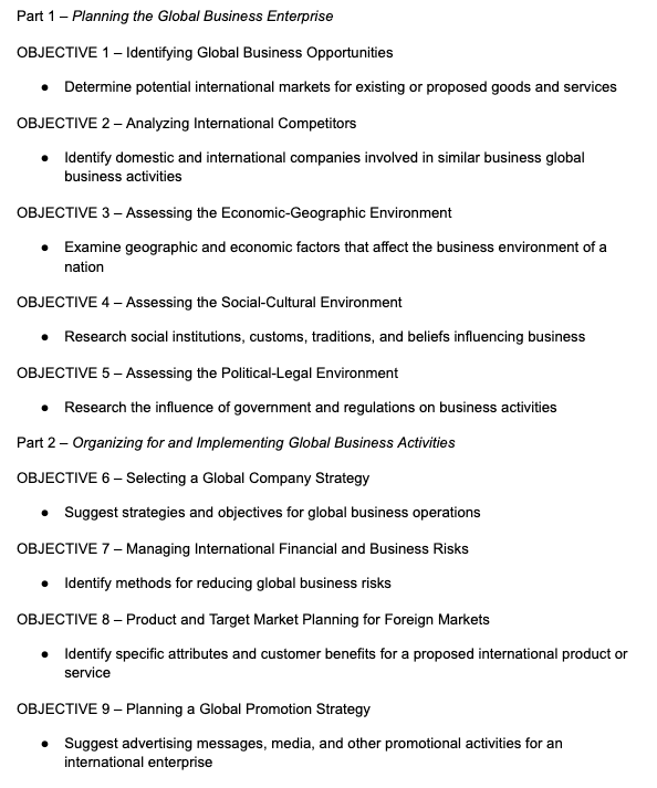 Part 1- Planning the Global Business Enterprise
OBJECTIVE 1- Identifying Global Business Opportunities
• Determine potential international markets for existing or proposed goods and services
OBJECTIVE 2- Analyzing International Competitors
• Identify domestic and international companies involved in similar business global
business activities
OBJECTIVE 3- Assessing the Economic-Geographic Environment
Examine geographic and economic factors that affect the business environment of a
nation
OBJECTIVE 4 - Assessing the Social-Cultural Environment
• Research social institutions, customs, traditions, and beliefs influencing business
OBJECTIVE 5 - Assessing the Political-Legal Environment
• Research the influence of government and regulations on business activities
Part 2 – Organizing for and Implementing Global Business Activities
OBJECTIVE 6 – Selecting a Global Company Strategy
• Suggest strategies and objectives for global business operations
OBJECTIVE 7– Managing International Financial and Business Risks
• Identify methods for reducing global business risks
OBJECTIVE 8 – Product and Target Market Planning for Foreign Markets
• Identify specific attributes and customer benefits for a proposed international product or
service
OBJECTIVE 9- Planning a Global Promotion Strategy
• Suggest advertising messages, media, and other promotional activities for an
international enterprise
