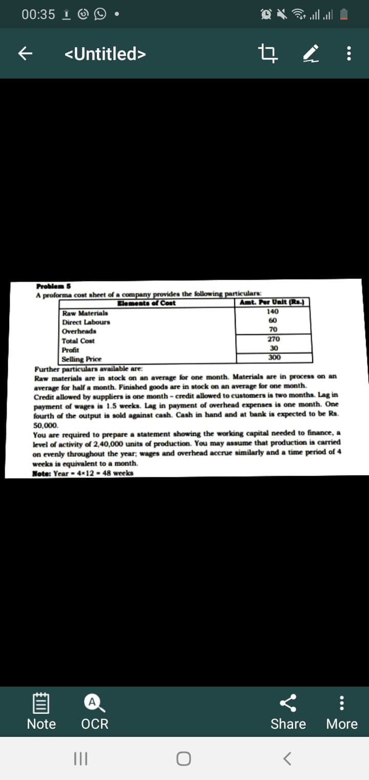 00:35 1 @ O
<Untitled>
Problem 5
A proforma cost sheet of a company provides the following particulars:
Elements of Cost
Amt. Per Unit (Rs.)
Raw Materials
140
Direct Labours
60
Overheads
70
270
Total Cost
Profit
Selling Price
Further particulars available are:
30
300
Raw materials are in stock on an average for one month. Materials are in process on an
average for half a month. Finished goods are in stock on an average for one month.
Credit allowed by suppliers is one month - credit allowed to customers is two months. Lag in
payment of wages is 1.5 weeks. Lag in payment of overhead expenses is one month. One
fourth of the output is sold against cash. Cash in hand and at bank is expected to be Rs.
50,000.
You are required to prepare a statement showing the working capital needed to finance, a
level of activity of 2,40,000 units of production. You may assume that production is carried
on evenly throughout the year, wages and overhead accrue similarly and a time period of 4
weeks is equivalent to a month.
Note: Year - 4x12- 48 weeks
自
A
Note
OCR
Share
More
II
