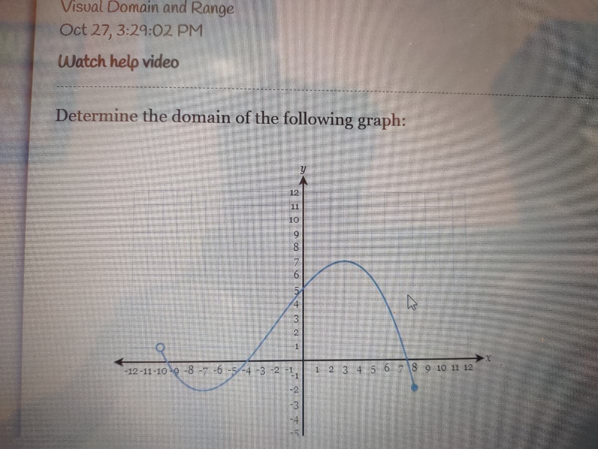 Visval Domain and Range
Oct 27, 3:29:02 PM
Watch help video
Determine the domain of the following graph:
12
11
10
8.
7.
3.
-12-11-10 9 -8-7-6 -544-3-2-1
-1
1.
2345 6 718 9 10 11 12
-4
