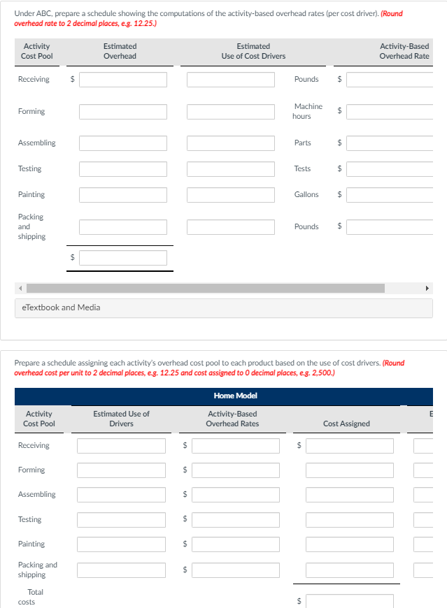 Under ABC, prepare a schedule showing the computations of the activity-based overhead rates (per cost driver). (Round
overhead rate to 2 decimal places, e.g. 12.25.)
Activity
Cost Pool
Estimated
Estimated
Activity-Based
Overhead Rate
Overhead
Use of Cost Drivers
Receiving
Pounds
24
Machine
Forming
hours
Assembling
Parts
Testing
Tests
Painting
Gallons
Packing
and
Pounds
shipping
eTextbook and Media
Prepare a schedule assigning each activity's overhead cost pool to each product based on the use of cost drivers. (Round
overhead cost per unit to 2 decimal places, e.g. 12.25 and cost assigned to 0 decimal places, e.g. 2,500.)
Home Model
Estimated Use of
Activity
Cost Pool
Activity-Based
Overhead Rates
E
Drivers
Cost Assigned
Receiving
%24
Forming
%24
Assembling
24
Testing
Painting
Packing and
shipping
Total
costs
%24
%24
%24
%24
%24
%24
%24
%24
