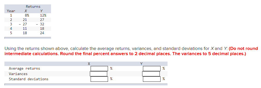 Returns
Year
X
Y
1
8%
12%
2
21
27
3
- 27
32
4
5
11
18
18
24
Using the returns shown above, calculate the average returns, variances, and standard deviations for X and Y: (Do not round
intermediate calculations. Round the final percent answers to 2 decimal places. The variances to 5 decimal places.)
Average returns
Variances
Standard deviations
%
%