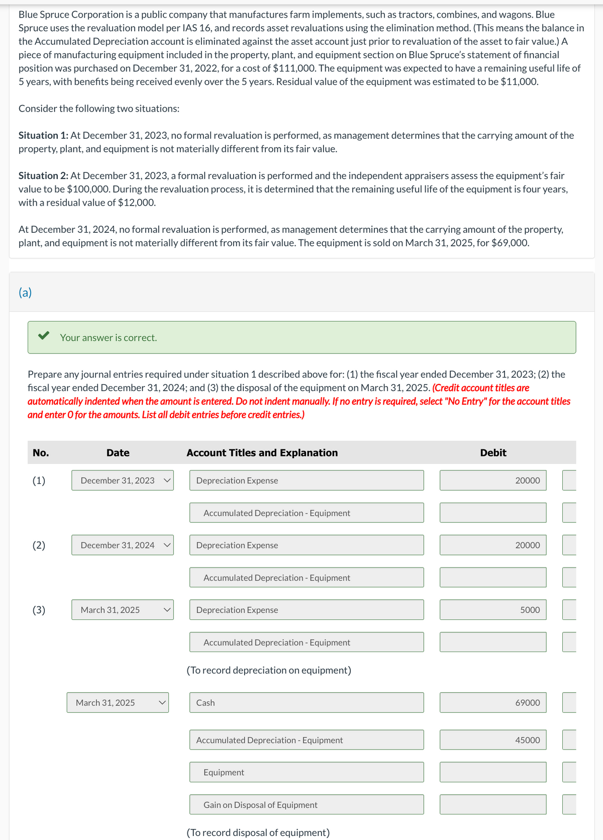 Blue Spruce Corporation is a public company that manufactures farm implements, such as tractors, combines, and wagons. Blue
Spruce uses the revaluation model per IAS 16, and records asset revaluations using the elimination method. (This means the balance in
the Accumulated Depreciation account is eliminated against the asset account just prior to revaluation of the asset to fair value.) A
piece of manufacturing equipment included in the property, plant, and equipment section on Blue Spruce's statement of financial
position was purchased on December 31, 2022, for a cost of $111,000. The equipment was expected to have a remaining useful life of
5 years, with benefits being received evenly over the 5 years. Residual value of the equipment was estimated to be $11,000.
Consider the following two situations:
Situation 1: At December 31, 2023, no formal revaluation is performed, as management determines that the carrying amount of the
property, plant, and equipment is not materially different from its fair value.
Situation 2: At December 31, 2023, a formal revaluation is performed and the independent appraisers assess the equipment's fair
value to be $100,000. During the revaluation process, it is determined that the remaining useful life of the equipment is four years,
with a residual value of $12,000.
At December 31, 2024, no formal revaluation is performed, as management determines that the carrying amount of the property,
plant, and equipment is not materially different from its fair value. The equipment is sold on March 31, 2025, for $69,000.
(a)
Prepare any journal entries required under situation 1 described above for: (1) the fiscal year ended December 31, 2023; (2) the
fiscal year ended December 31, 2024; and (3) the disposal of the equipment on March 31, 2025. (Credit account titles are
automatically indented when the amount is entered. Do not indent manually. If no entry is required, select "No Entry" for the account titles
and enter o for the amounts. List all debit entries before credit entries.)
No.
(1)
(2)
Your answer is correct.
(3)
Date
December 31, 2023 V
December 31, 2024
March 31, 2025
March 31, 2025
Account Titles and Explanation
Depreciation Expense
Accumulated Depreciation - Equipment
Depreciation Expense
Accumulated Depreciation - Equipment
Depreciation Expense
Accumulated Depreciation - Equipment
(To record depreciation on equipment)
Cash
Accumulated Depreciation - Equipment
Equipment
Gain on Disposal of Equipment
(To record disposal of equipment)
Debit
20000
20000
5000
69000
45000