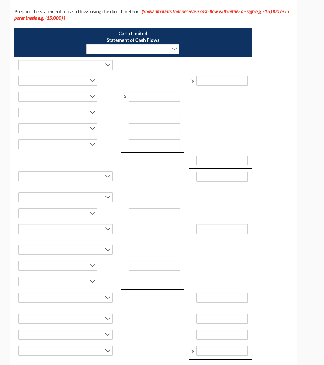 Prepare the statement of cash flows using the direct method. (Show amounts that decrease cash flow with either a-sign e.g. -15,000 or in
parenthesis e.g. (15,000).)
>
Carla Limited
Statement of Cash Flows
$
$