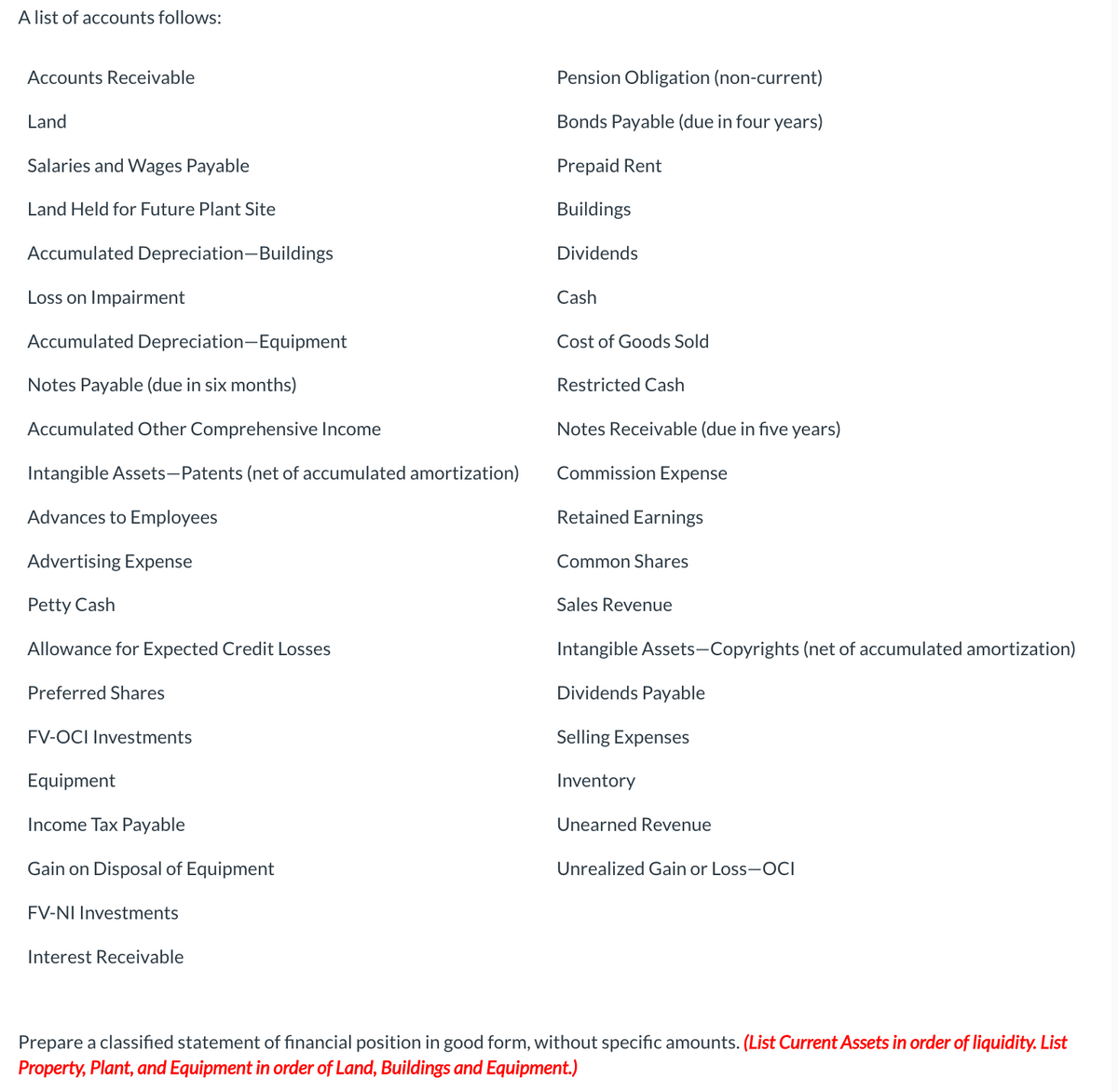 A list of accounts follows:
Accounts Receivable
Land
Salaries and Wages Payable
Land Held for Future Plant Site
Accumulated Depreciation-Buildings
Loss on Impairment
Accumulated Depreciation-Equipment
Notes Payable (due in six months)
Accumulated Other Comprehensive Income
Intangible Assets-Patents (net of accumulated amortization)
Advances to Employees
Advertising Expense
Petty Cash
Allowance for Expected Credit Losses
Preferred Shares
FV-OCI Investments
Equipment
Income Tax Payable
Gain on Disposal of Equipment
FV-NI Investments
Interest Receivable
Pension Obligation (non-current)
Bonds Payable (due in four years)
Prepaid Rent
Buildings
Dividends
Cash
Cost of Goods Sold
Restricted Cash
Notes Receivable (due in five years)
Commission Expense
Retained Earnings
Common Shares
Sales Revenue
Intangible Assets-Copyrights (net of accumulated amortization)
Dividends Payable
Selling Expenses
Inventory
Unearned Revenue
Unrealized Gain or Loss-OCI
Prepare a classified statement of financial position in good form, without specific amounts. (List Current Assets in order of liquidity. List
Property, Plant, and Equipment in order of Land, Buildings and Equipment.)