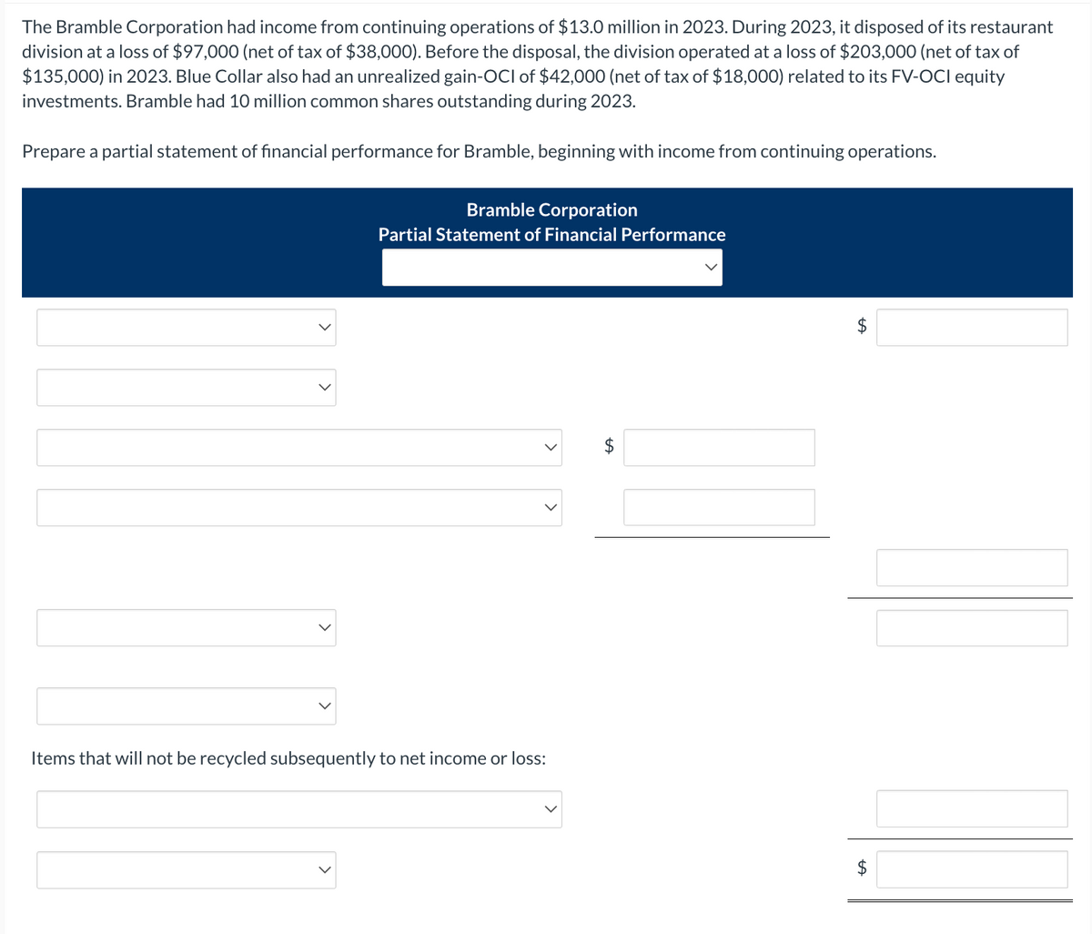 The Bramble Corporation had income from continuing operations of $13.0 million in 2023. During 2023, it disposed of its restaurant
division at a loss of $97,000 (net of tax of $38,000). Before the disposal, the division operated at a loss of $203,000 (net of tax of
$135,000) in 2023. Blue Collar also had an unrealized gain-OCI of $42,000 (net of tax of $18,000) related to its FV-OCI equity
investments. Bramble had 10 million common shares outstanding during 2023.
Prepare a partial statement of financial performance for Bramble, beginning with income from continuing operations.
Bramble Corporation
Partial Statement of Financial Performance
Items that will not be recycled subsequently to net income or loss:
$
tA