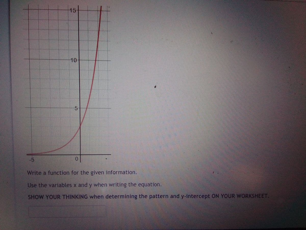 15-
10-
-5
0.
Write a function for the given information.
Use the variables x and y when writing the equation.
SHOW YOUR THINKING when determining the pattern and y-intercept ON YOUR WORKSHEET.
5.
