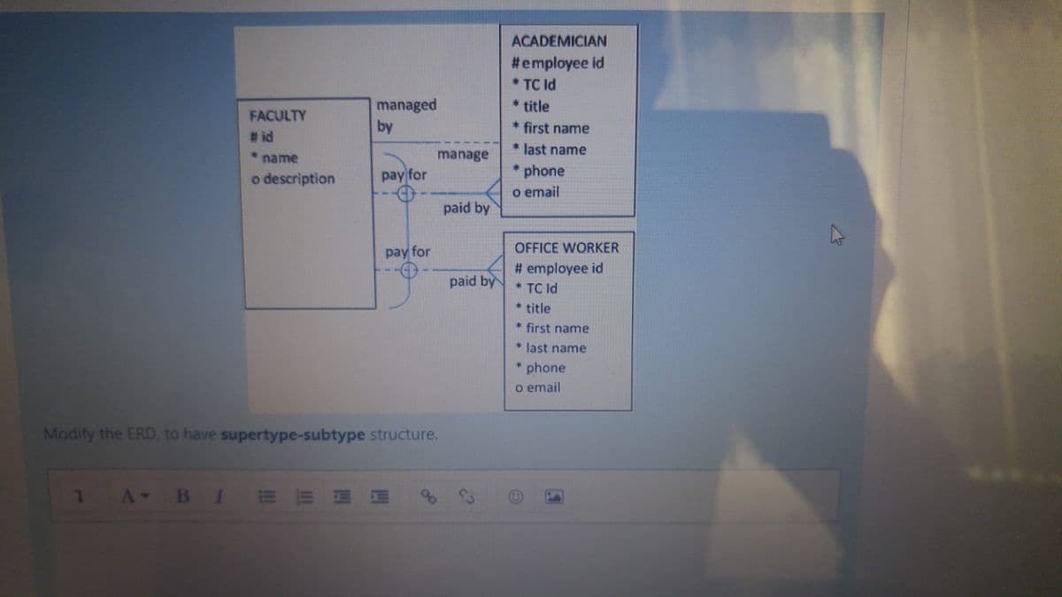 ACADEMICIAN
#employee id
* TC Id
* title
managed
by
FACULTY
* first name
#id
* last name
name
manage
phone
o email
o description
pay for
paid by
pay for
OFFICE WORKER
# employee id
*TC ld
paid by
* title
* first name
* last name
phone
o email
Modify the ERD, to have supertype-subtype structure.
A BIE
