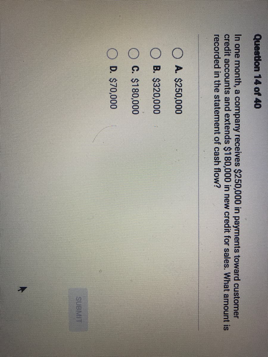 Question 14 of 40
In one month, a company receives $250,000 in payments toward customer
credit accounts and extends $180,000 in new credit for sales. What amount is
recorded in the statement of cash flow?
O A. $250,000
B. $320,000
C. $180,000
D. $70,000
SUBMIT