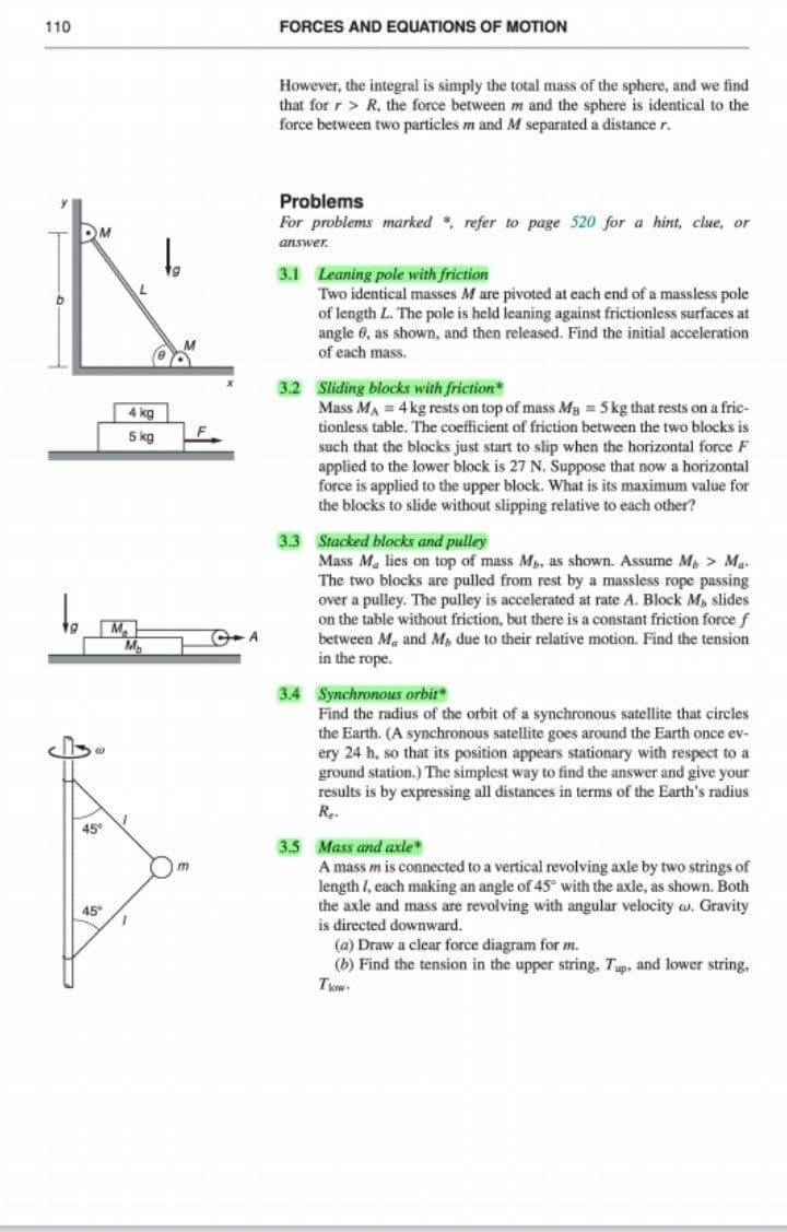 110
FORCES AND EQUATIONS OF MOTION
However, the integral is simply the total mass of the sphere, and we find
that for r > R, the force between m and the sphere is identical to the
force between two particles m and M separated a distance r.
Problems
For problems marked *, refer to page 520 for a hint, clue, or
answer.
3.1 Leaning pole with friction
Two identical masses M are pivoted at each end of a massless pole
of length L. The pole is held leaning against frictionless surfaces at
angle 6, as shown, and then released. Find the initial acceleration
of each mass.
3.2 Sliding blocks with friction*
Mass MA = 4 kg rests on top of mass Mg = 5 kg that rests on a fric-
tionless table. The coefficient of friction between the two blocks is
4 kg
5 kg
such that the blocks just start to slip when the horizontal force F
applied to the lower block is 27 N. Suppose that now a horizontal
force is applied to the upper block. What is its maximum value for
the blocks to slide without slipping relative to each other?
3.3 Stacked blocks and pulley
Mass Ma lies on top of mass M, as shown. Assume M > Ma.
The two blocks are pulled from rest by a massless rope passing
over a pulley. The pulley is accelerated at rate A. Block M, slides
on the table without friction, but there is a constant friction force f
between M, and M, due to their relative motion. Find the tension
in the rope.
M.
3.4 Synchronous orbit
Find the radius of the orbit of a synchronous satellite that circles
the Earth. (A synchronous satellite goes around the Earth once ev-
ery 24 h, so that its position appears stationary with respect to a
ground station.) The simplest way to find the answer and give your
results is by expressing all distances in terms of the Earth's radius
Re.
45
3.5 Mass and axle
A mass m is connected to a vertical revolving axle by two strings of
length I, each making an angle of 45 with the axle, as shown. Both
the axle and mass are revolving with angular velocity w. Gravity
is directed downward.
(a) Draw a clear force diagram for m.
(b) Find the tension in the upper string, Tup, and lower string,
45"
Tow.
