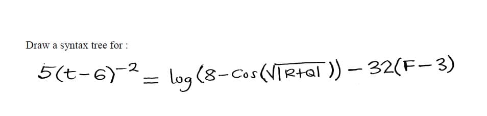 Draw a syntax tree for :
5(t-6)=
2
log (8-Cos (VTRIal )) – 32(F- 3)
