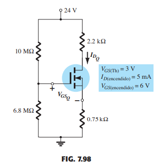 24 V
2.2 k2
10 ΜΩ
VasTh) = 3 V
ID(encendido) = 5 mA
Vaslencendido) = 6 V
Vaso
6.8 M2
0.75 k2
FIG. 7.98
