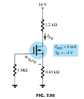 14 V
1.2 ka
De
Ioss = 6 mA
Vp = -4 V
* VGse
'1 M2
0.43 k2
FIG. 7.95
