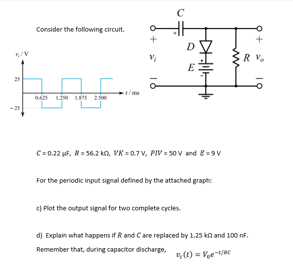 Consider the following circuit.
+
D
V; /V
V;
R Vo
E
25
t/ ms
0.625
1.250 1.875 2.500
- 25
C = 0.22 µF, R = 56.2 ko, VK = 0.7 v, PIV = 50 V and E = 9 V
For the periodic input signal defined by the attached graph:
c) Plot the output signal for two complete cycles.
d) Explain what happens if R and C are replaced by 1.25 ko and 100 nF.
Remember that, during capacitor discharge,
v.(t) = Voe-t/RC
+
