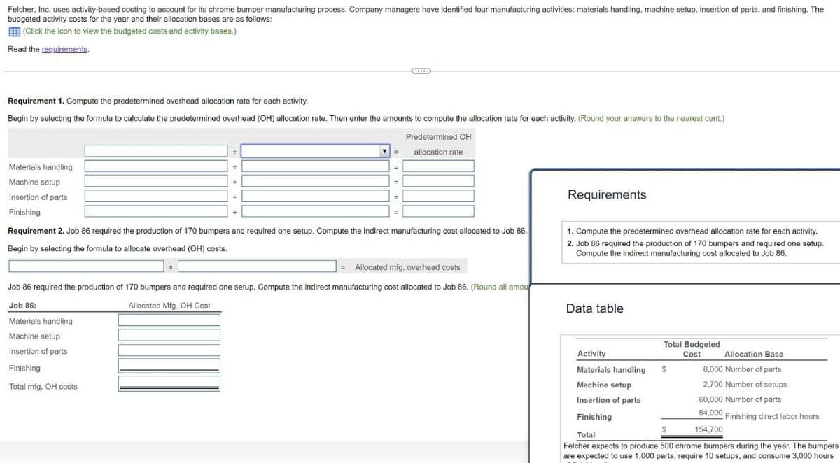 Felcher, Inc. uses activity-based costing to account for its chrome bumper manufacturing process. Company managers have identified four manufacturing activities: materials handling, machine setup, insertion of parts, and finishing. The
budgeted activity costs for the year and their allocation bases are as follows:
(Click the icon to view the budgeted costs and activity bases.)
Read the requirements.
Requirement 1. Compute the predetermined overhead allocation rate for each activity.
Begin by selecting the formula to calculate the predetermined overhead (OH) allocation rate. Then enter the amounts to compute the allocation rate for each activity. (Round your answers to the nearest cent.)
Materials handling
Machine setup
Insertion of parts
Finishing
+
Predetermined OH
allocation rate
Requirement 2. Job 86 required the production of 170 bumpers and required one setup. Compute the indirect manufacturing cost allocated to Job 86.
Begin by selecting the formula to allocate overhead (OH) costs.
=Allocated mfg. overhead costs
Job 86 required the production of 170 bumpers and required one setup. Compute the indirect manufacturing cost allocated to Job 86. (Round all amou
Job 86:
Materials handling
Machine setup
Insertion of parts
Finishing
Total mfg. OH costs
Allocated Mfg. OH Cost
Requirements
1. Compute the predetermined overhead allocation rate for each activity.
2. Job 86 required the production of 170 bumpers and required one setup.
Compute the indirect manufacturing cost allocated to Job 86.
Data table
Activity
Total Budgeted
Cost
Allocation Base
Materials handling
Machine setup
$
Insertion of parts
8,000 Number of parts
2,700 Number of setups
60,000 Number of parts
84,000
Finishing
Finishing direct labor hours
154,700
Total
Felcher expects to produce 500 chrome bumpers during the year. The bumpers
are expected to use 1,000 parts, require 10 setups, and consume 3,000 hours