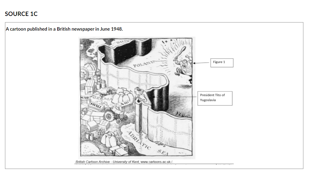 SOURCE 1C
A cartoon published in a British newspaper in June 1948.
HALTIC
Figure 1
POLAN D
President Tito of
Yugoslavia
SHALL
ADRIATIC
SEA
British Cartoon Archive - University of Kent, www.cartoons.ac.uk./.
