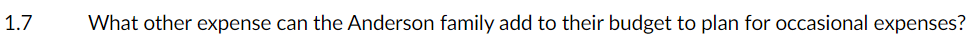 1.7
What other expense can the Anderson family add to their budget to plan for occasional expenses?