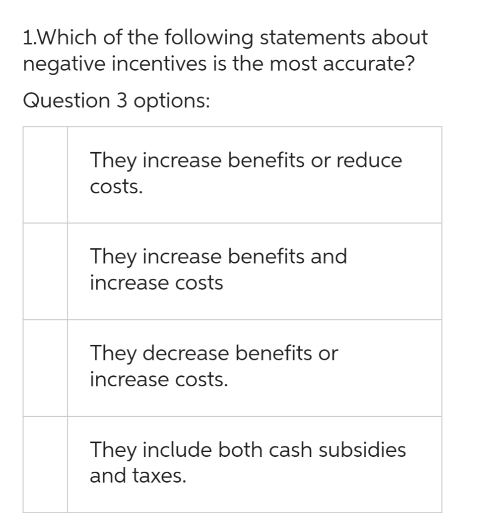 1.Which of the following statements about
negative incentives is the most accurate?
Question 3 options:
They increase benefits or reduce
costs.
They increase benefits and
increase costs
They decrease benefits or
increase costs.
They include both cash subsidies
and taxes.