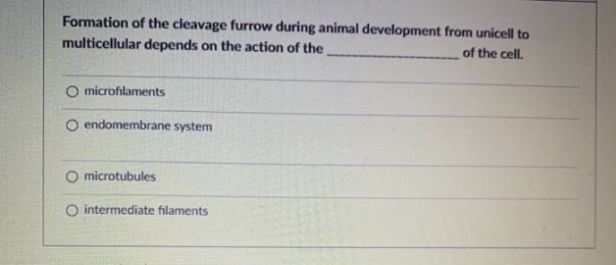 Formation of the cleavage furrow during animal development from unicell to
of the cell.
multicellular depends on the action of the
O microfilaments
endomembrane system
O microtubules
intermediate filaments