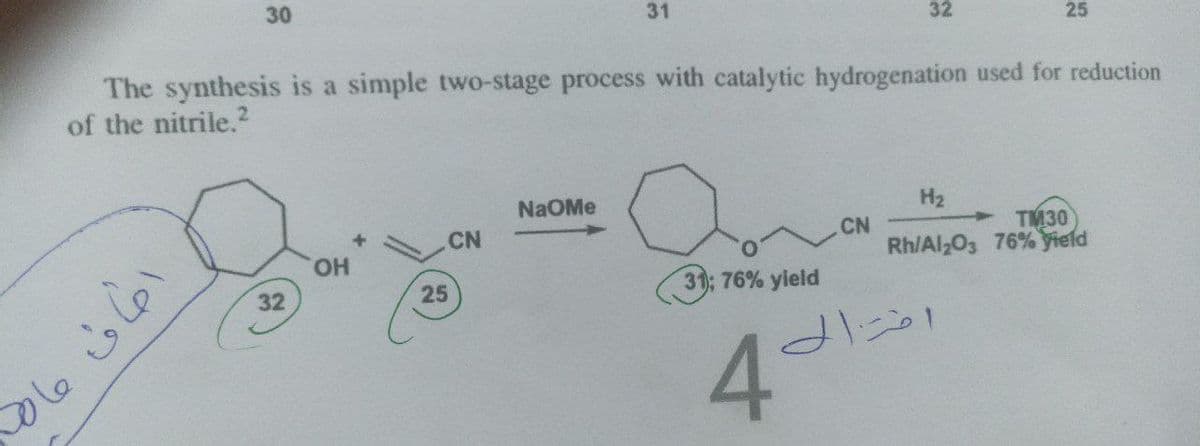 30
31
32
25
The synthesis is a simple two-stage process with catalytic hydrogenation used for reduction
of the nitrile.2
NaOMe
H₂
CN
CN
T130
Rh/Al2O3 76% yield
OH
31); 76% yield
اطاف فاط
32
25
اخترالا
4°