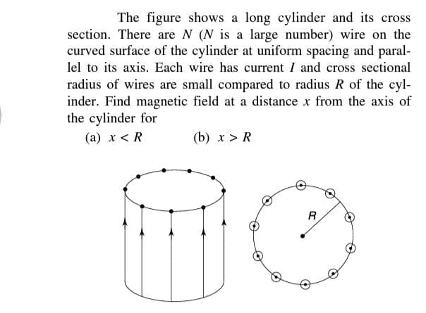 The figure shows a long cylinder and its cross
section. There are N (N is a large number) wire on the
curved surface of the cylinder at uniform spacing and paral-
lel to its axis. Each wire has current I and cross sectional
radius of wires are small compared to radius R of the cyl-
inder. Find magnetic field at a distance x from the axis of
the cylinder for
(a) x < R
(b) x > R
R
