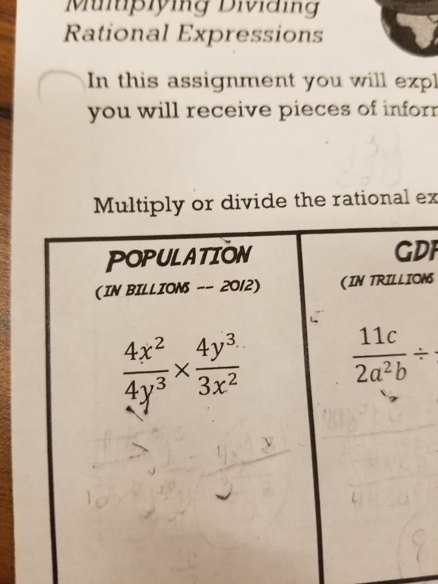 ing Dividing
Rational Expressions
In this assignment you will expl
you will receive pieces of inforr
Multiply or divide the rational ex
POPULATION
GDF
(IN BILLIONS
2012)
(IN TRILLIONS
--
4x2 4y3.
11c
2a2b
ty3 3x2
