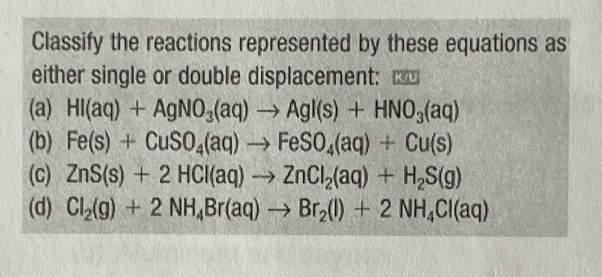 Classify the reactions represented by these equations as
either single or double displacement: U
(a) HI(aq) + AGNO(aq) Agl(s) + HNO,(aq)
(b) Fe(s) + CuSO,(aq)FeSO,(aq) + Cu(s)
(c) ZnS(s) + 2 HCI(aq) → ZnCl,(aq) + H,S(g)
(d) Cl(g) + 2 NH,Br(aq) Br () + 2 NH,CI(aq)
