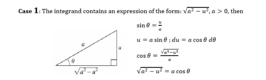 Case 1: The integrand contains an expression of the form: va2 – u², a > 0, then
sin 0 =
u = a sin 0 ; du = a cos 0 d0
cos 0
a
Va -u
Va? – u² = a cos 0
