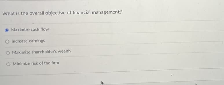 What is the overall objective of financial management?
Maximize cash flow
Increase earnings
O Maximize shareholder's wealth
O Minimize risk of the firm