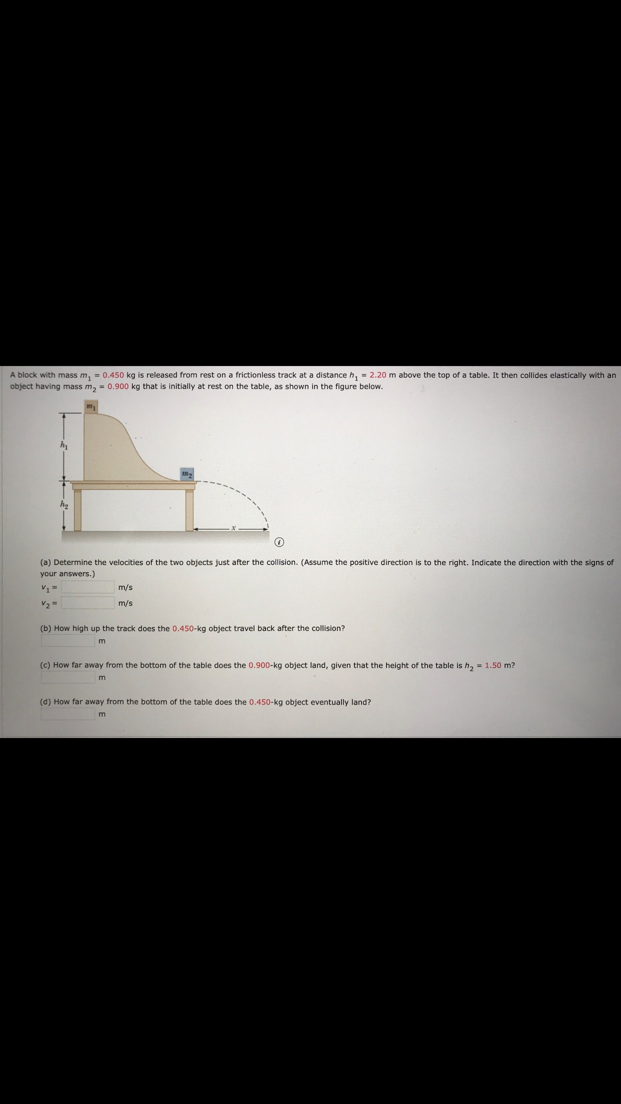 (d) How far away from the bottom of the table does the 0.450-kg object eventually land?
m
