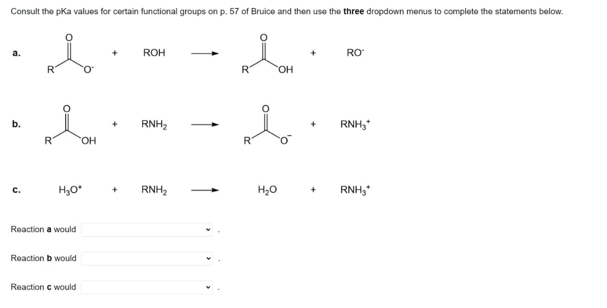 Consult the pKa values for certain functional groups on p. 57 of Bruice and then use the three dropdown menus to complete the statements below.
a.
b.
C.
R
R
H3O+
Reaction a would
Reaction b would
OH
Reaction c would
+
ROH
+ RNH₂
+ RNH₂
R
R
H₂O
OH
+
RO
RNH3*
RNH3*