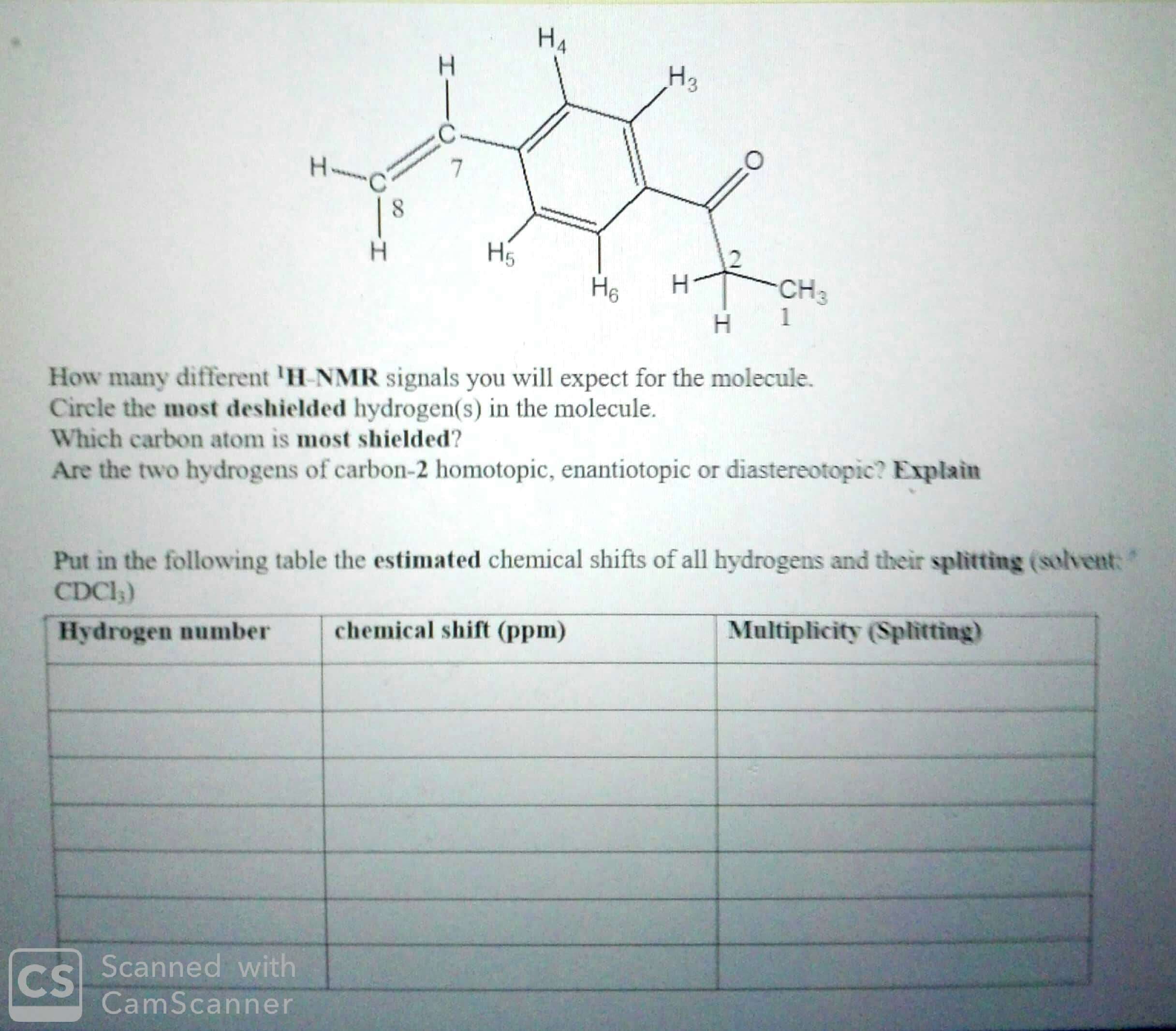 How many different 'H-NMR signals you will expect for the molecule.
Circle the most deshielded hydrogen(s) in the molecule.
Which carbon atom is most shielded?
Are the two hydrogens of carbon-2 homotopic, enantiotopic or diastereotopic? Explain
