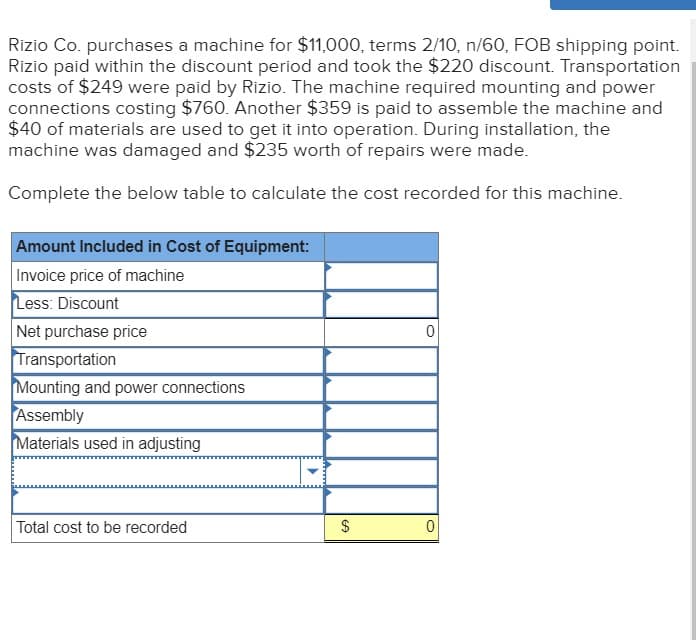 Rizio Co. purchases a machine for $11,000, terms 2/10, n/60, FOB shipping point.
Rizio paid within the discount period and took the $220 discount. Transportation
costs of $249 were paid by Rizio. The machine required mounting and power
connections costing $760. Another $359 is paid to assemble the machine and
$40 of materials are used to get it into operation. During installation, the
machine was damaged and $235 worth of repairs were made.
Complete the below table to calculate the cost recorded for this machine.
Amount Included in Cost of Equipment:
Invoice price of machine
Less: Discount
Net purchase price
Transportation
Mounting and power connections
Assembly
Materials used in adjusting
Total cost to be recorded
%24
