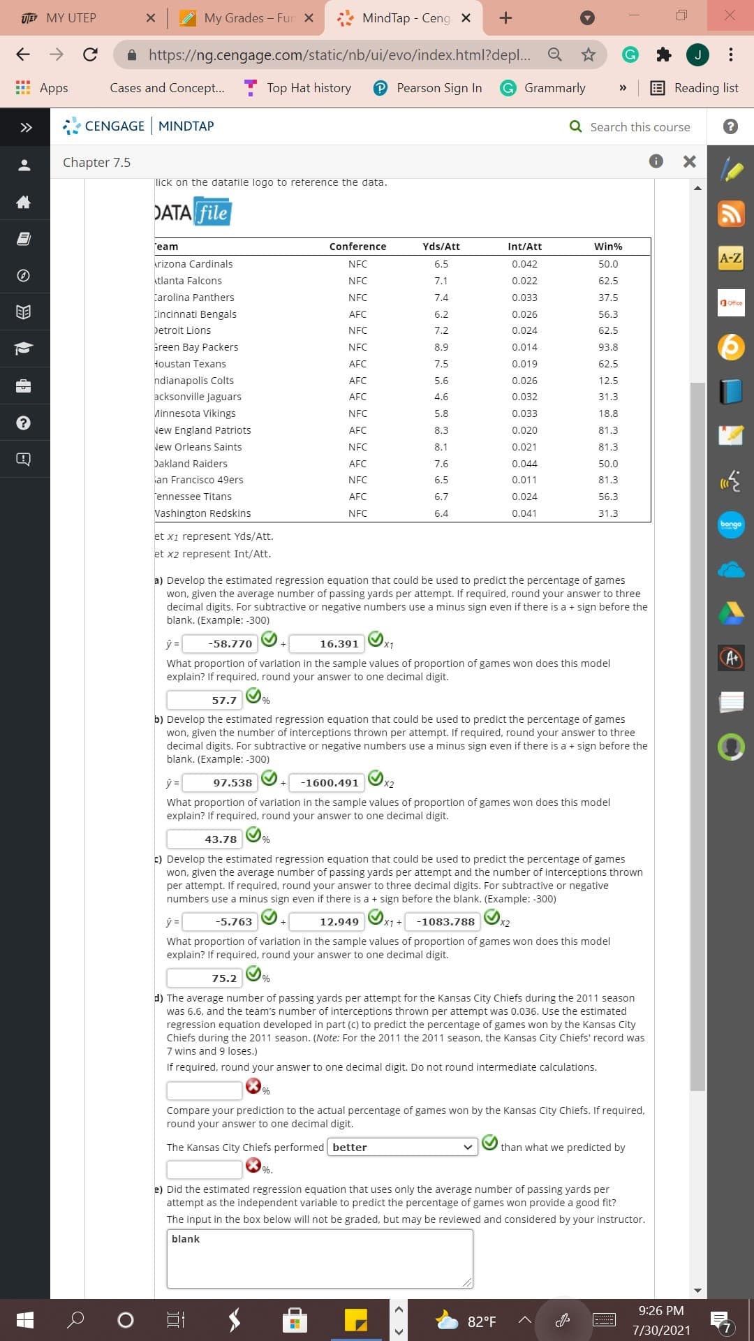 UJEP MY UTEP
My Grades - Fur X
MindTap - Ceng x
+
->
A https://ng.cengage.com/static/nb/ui/evo/index.html?depl.
Q
Apps
Cases and Concept...
Top Hat history
P Pearson Sign In
G Grammarly
E Reading list
>>
>>
CENGAGE MINDTAP
Q Search this course
Chapter 7.5
lick on the datafile logo to reference the data.
DATA file
eam
Conference
Yds/Att
Int/Att
Win%
A-Z
Arizona Cardinals
NFC
6.5
0.042
50.0
ktlanta Falcons
NFC
7.1
0.022
62.5
tarolina Panthers
NFC
7.4
0.033
37.5
gOfice
tincinnati Bengals
AFC
6.2
0.026
56.3
Detroit Lions
NFC
7.2
0.024
62.5
Green Bay Packers
NFC
8.9
0.014
93.8
Houstan Texans
AFC
7.5
0.019
62.5
ndianapolis Colts
acksonville Jaguars
AFC
5.6
0.026
12.5
AFC
4.6
0.032
31.3
Ainnesota Vikings
NFC
5.8
0.033
18.8
New England Patriots
AFC
8.3
0.020
81.3
New Orleans Saints
NFC
8.1
0.021
81.3
Dakland Raiders
AFC
7.6
0.044
50.0
an Francisco 49ers
NFC
6.5
0.011
81.3
fennessee Titans
AFC
6.7
0.024
56.3
Vashington Redskins
NFC
6.4
0.041
31.3
bongo
et x1 represent Yds/Att.
et x2 represent Int/Att.
a) Develop the estimated regression equation that could be used to predict the percentage of games
won, given the average number of passing yards per attempt. If required, round your answer to three
decimal digits. For subtractive or negative numbers use a minus sign even if there is a + sign before the
blank. (Example: -300)
ý =
-58.770
16.391 Ox1
What proportion of variation in the sample values of proportion of games won does this model
explain? If required, round your answer to one decimal digit.
57.7
%
b) Develop the estimated regression equation that could be used to predict the percentage of games
won, given the number of interceptions thrown per attempt. If required, round your answer to three
decimal digits. For subtractive or negative numbers use a minus sign even if there is a + sign before the
blank. (Example: -300)
97.538
-1600.491 Ox2
What proportion of variation in the sample values of proportion of games won does this model
explain? If required, round your answer to one decimal digit.
43.78
%
c) Develop the estimated regression equation that could be used to predict the percentage of games
won, given the average number of passing yards per attempt and the number of interceptions thrown
per attempt. If required, round your answer to three decimal digits. For subtractive or negative
numbers use a minus sign even if there is a + sign before the blank. (Example: -300)
ý =
-5.763
12.949 Ox1 +
-1083.788
X2
What proportion of variation in the sample values of proportion of games won does this model
explain? If required, round your answer to one decimal digit.
75.2
%
d) The average number of passing yards per attempt for the Kansas City Chiefs during the 2011 season
was 6.6, and the team's number of interceptions thrown per attempt was 0.036. Use the estimated
regression equation developed in part (c) to predict the percentage of games won by the Kansas City
Chiefs during the 2011 season. (Note: For the 2011 the 2011 season, the Kansas City Chiefs' record was
7 wins and 9 loses.)
If required, round your answer to one decimal digit. Do not round intermediate calculations.
Compare your prediction to the actual percentage of games won by the Kansas City Chiefs. If required,
round your answer to one decimal digit.
The Kansas City Chiefs performed better
than what we predicted by
%.
e) Did the estimated regression equation that uses only the average number of passing yards per
attempt as the independent variable to predict the percentage of games won provide a good fit?
The input in the box below will not be graded, but may be reviewed and considered by your instructor.
blank
9:26 PM
82°F
7/30/2021
7
..
< >
