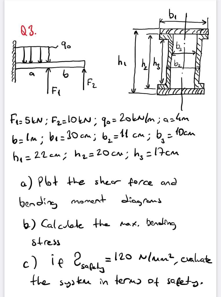 b.
Q3.
9.
he
F2
Fi: SLN; F2=10EN; 90=20k~/m;az4m
20kwlom; az4m
b= lm; bo=30 cam; b,=11 cm; b, = Ocm
be= 22 cm; hz= 20 cm; hg=17cm
a) Pbt the shear force and
moment diagrand
bending
b) Calculete the max, benading
stress
c)
ie Eane=120 laum?, cualiate
afely
the sysku in termo of safetg.
