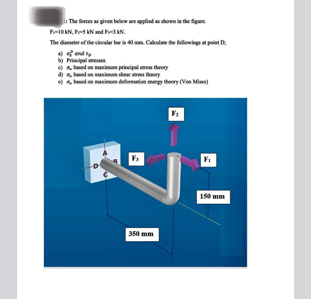 1: The forces as given below are applied as shown in the figure.
Fi=10 kN, F2=5 kN and F3=3 kN.
The diameter of the circular bar is 40 mm. Calculate the followings at point D;
a) o and tp
b) Principal stresses
c) o, based on maximum principal stress theory
d) o, based on maximum shear stress theory
e) o, based on maximum deformation energy theory (Von Mises)
F2
F3
F1
D
150 mm
350 mm
