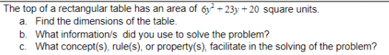 The top of a rectangular table has an area of 6y + 23y + 20 square units.
a. Find the dimensions of the table.
b. What information/s did you use to solve the problem?
c. What concept(s), rule(s), or property(s), facilitate in the solving of the problem?
