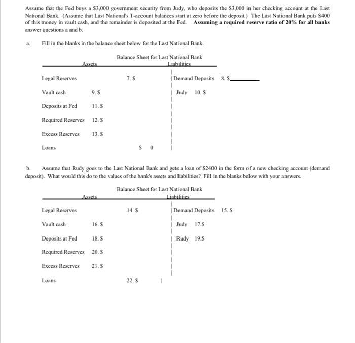 Assume that the Fed buys a $3,000 government security from Judy, who deposits the $3,000 in her checking account at the Last
National Bank. (Assume that Last National's T-account balances start at zero before the deposit.) The Last National Bank puts $400
of this money in vault cash, and the remainder is deposited at the Fed. Assuming a required reserve ratio of 20% for all banks
answer questions a and b.
a.
Fill in the blanks in the balance sheet below for the Last National Bank.
Balance Sheet for Last National Bank
Assets
Liabilities
Legal Reserves
7.S
| Demand Deposits 8.S.
Vault cash
9. S
| Judy 10. S
Deposits at Fed
11.S
Required Reserves
12. S
Excess Reserves
13. S
Loans
b. Assume that Rudy goes to the Last National Bank and gets a loan of $2400 in the form of a new checking account (demand
deposit). What would this do to the values of the bank's assets and liabilities? Fill in the blanks below with your answers.
Balance Sheet for Last National Bank
Assets
Liabilities
Legal Reserves
14. S
| Demand Deposits 15. S
Vault cash
16. S
Judy
17.S
Deposits at Fed
18. S
| Rudy 19.S
Required Reserves 20. S
Excess Reserves
21.S
Loans
22. S
