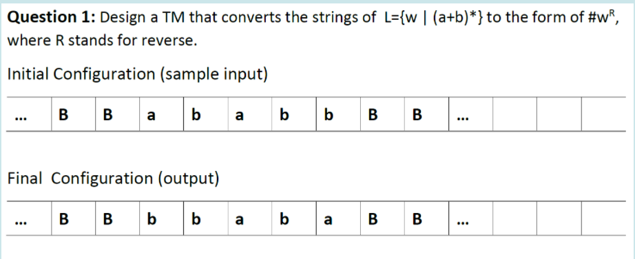 Question 1: Design a TM that converts the strings of L={w | (a+b)*} to the form of #wR,
where R stands for reverse.
Initial Configuration (sample input)
в в
B
B
b
b b
B
в
a
a
...
Final Configuration (output)
в в ь ь
b
b
b
a
B
B
...
