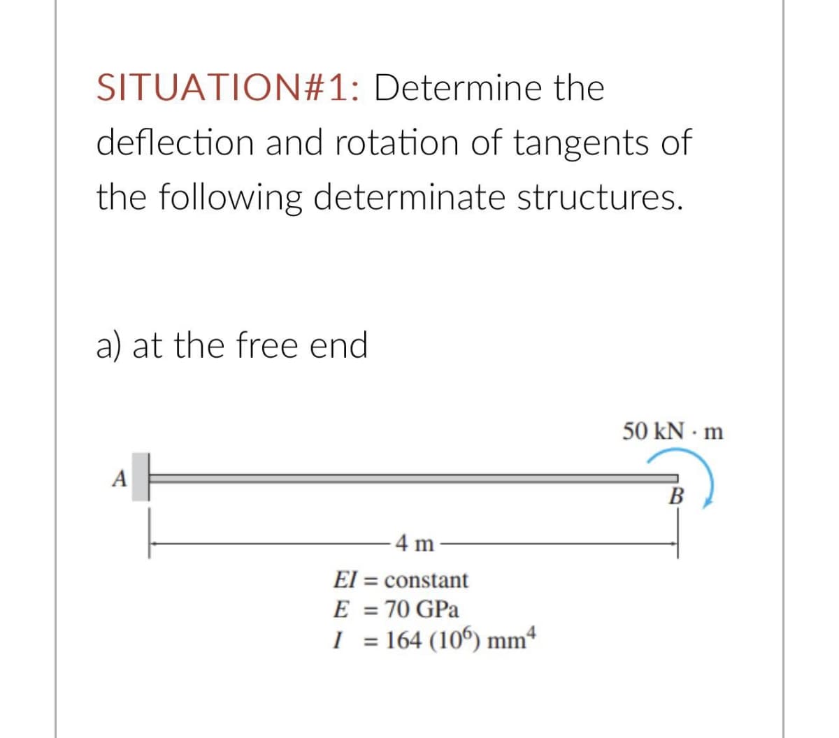 SITUATION#1: Determine the
deflection and rotation of tangents of
the following determinate structures.
a) at the free end
A
4 m
El= constant
E 70 GPa
I = 164 (106) mm4
50 kN - m