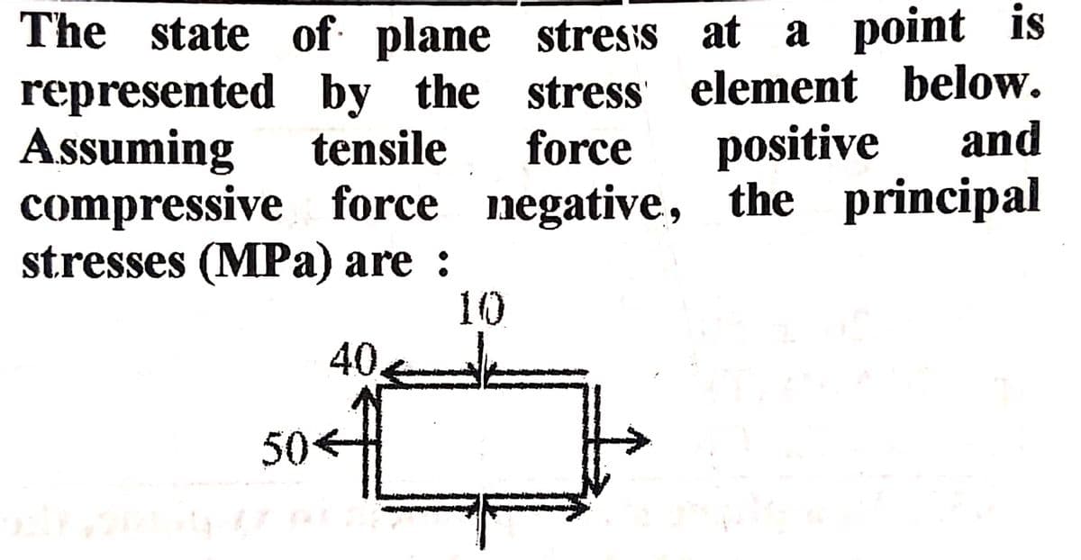 The state of plane stress at a point is
by the
tensile
stress element below.
force positive and
compressive force negative, the principal
stresses (MPa) are :
10
represented
Assuming
40.
50<