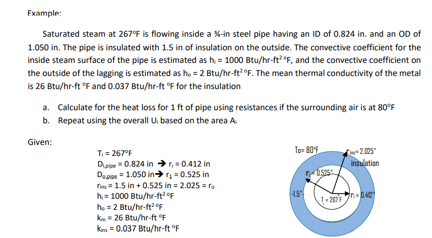 Example:
Saturated steam at 267°F is flowing inside a %-in steel pipe having an ID of 0.824 in. and an OD of
1.050 in. The pipe is insulated with 1.5 in of insulation on the outside. The convective coefficient for the
inside steam surface of the pipe is estimated as h; = 1000 Btu/hr-ft? °F, and the convective coefficient on
the outside of the lagging is estimated as ho = 2 Btu/hr-ft20°F. The mean thermal conductivity of the metal
is 26 Btu/hr-ft °F and 0.037 Btu/hr-ft °F for the insulation
a. Calculate for the heat loss for 1 ft of pipe using resistances if the surrounding air is at 80°F
b. Repeat using the overall U; based on the area Ai
Given:
To= 80°F
Ti = 267°F
Dipipe = 0.824 in →r; = 0.412 in
Do,pipe = 1.050 in→r¸ = 0.525 in
Tins= 2.025"
insulation
r,-0.525"
rins = 1.5 in + 0.525 in = 2.025 = ro
%3D
h, = 1000 Btu/hr-ft2 °F
-1.5"-
r=D0.42
T = 267 F
ho = 2 Btu/hr-ft²°F
km = 26 Btu/hr-ft °F
Kins = 0.037 Btu/hr-ft °F
%3D
%3D
