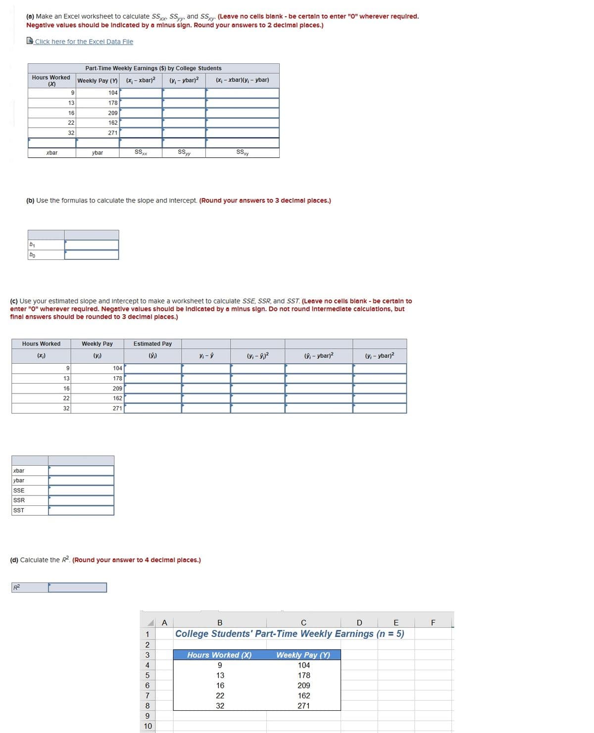 (a) Make an Excel worksheet to calculate SSxx, SSyy, and SSxy. (Leave no cells blank - be certain to enter "0" wherever required.
Negative values should be Indicated by a minus sign. Round your answers to 2 decimal places.)
Click here for the Excel Data File
xbar
ybar
SSE
SSR
SST
R²
Hours Worked Weekly Pay (Y)
(X)
104
178
209
162
271
xbar
b₁
Do
9
13
16
22
32
Hours Worked
(x;)
Part-Time Weekly Earnings ($) by College Students
(x; -xbar)²
(y₁ - ybar)²
ybar
9
13
16
22
32
(b) Use the formulas to calculate the slope and intercept. (Round your answers to 3 decimal places.)
(c) Use your estimated slope and intercept to make a worksheet to calculate SSE, SSR, and SST. (Leave no cells blank - be certain to
enter "0" wherever required. Negative values should be indicated by a minus sign. Do not round Intermediate calculations, but
final answers should be rounded to 3 decimal places.)
SS.xx
Weekly Pay
(yi)
104
178
209
162
271
Estimated Pay
(ŷ;)
(d) Calculate the R2. (Round your answer to 4 decimal places.)
1
2
3
4
SSyy
5
6
7
8
9
10
A
(x₁ - xbar)(y₁ - ybar)
Vi- ý
SSxy
(V; - ŷ;)²
(ŷ; - ybar)²
Hours Worked (X)
9
13
16
22
32
с
D
E
College Students' Part-Time Weekly Earnings (n = 5)
(y₁ - ybar)²
Weekly Pay (Y)
104
178
209
162
271
F