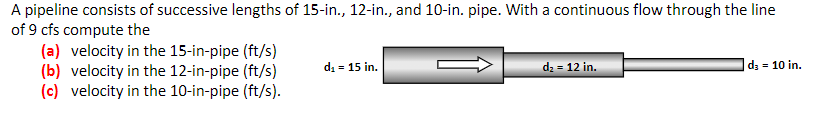 A pipeline consists of successive lengths of 15-in., 12-in., and 10-in. pipe. With a continuous flow through the line
of 9 cfs compute the
(a) velocity in the 15-in-pipe (ft/s)
(b) velocity in the 12-in-pipe (ft/s)
(c) velocity in the 10-in-pipe (ft/s).
di = 15 in.
d2 = 12 in.
d3 = 10 in.
