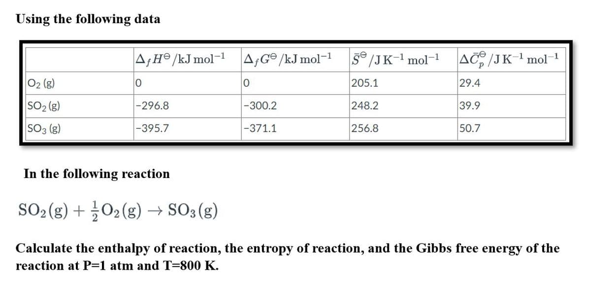 Using the following data
O2 (g)
SO₂ (g)
SO3 (g)
Af He/kJ mol-1
0
-296.8
-395.7
AfGe/kJ mol-1
0
-300.2
-371.1
5/JK-1 mol-1
205.1
248.2
256.8
ACO/JK-¹ mol-1
29.4
39.9
50.7
In the following reaction
SO₂(g) + O₂(g) → SO3(g)
Calculate the enthalpy of reaction, the entropy of reaction, and the Gibbs free energy of the
reaction at P=1 atm and T-800 K.