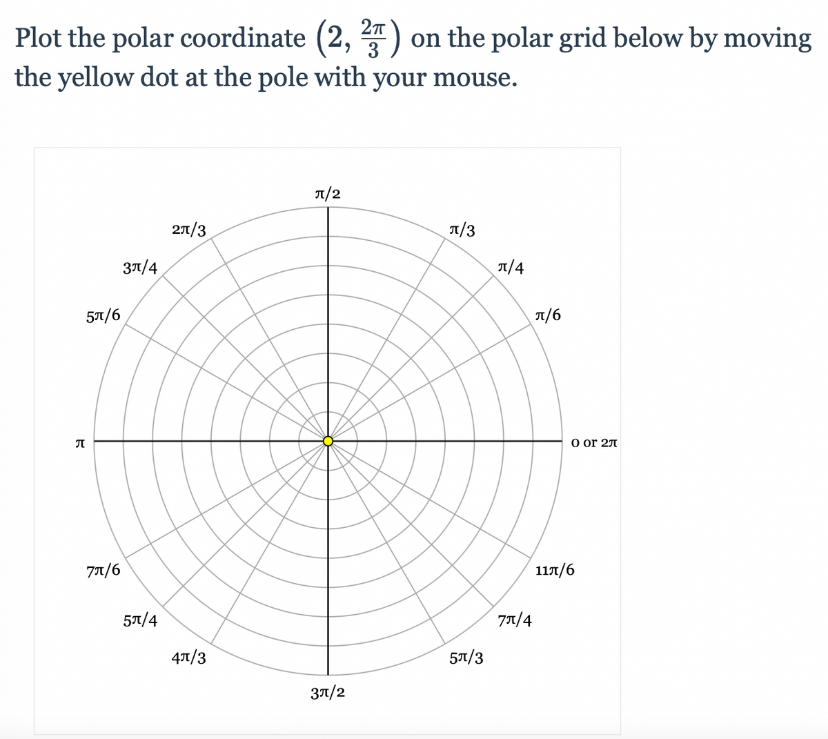 Plot the polar coordinate (2, ²) on the polar grid below by moving
the yellow dot at the pole with your mouse.
5π/6
ग
7π/6
3π/4
5π/4
21/3
4π/3
π/2
3π/2
1/3
5π/3
π/4
π/6
7π/4
0 or 2π
117/6