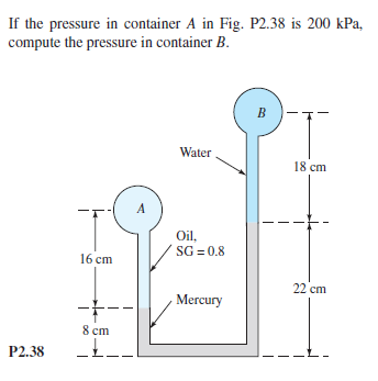 If the pressure in container A in Fig. P2.38 is 200 kPa,
compute the pressure in container B.
Water
18 cm
Ol,
SG = 0.8
16 cm
22 cm
Mercury
8 cm
P2.38
