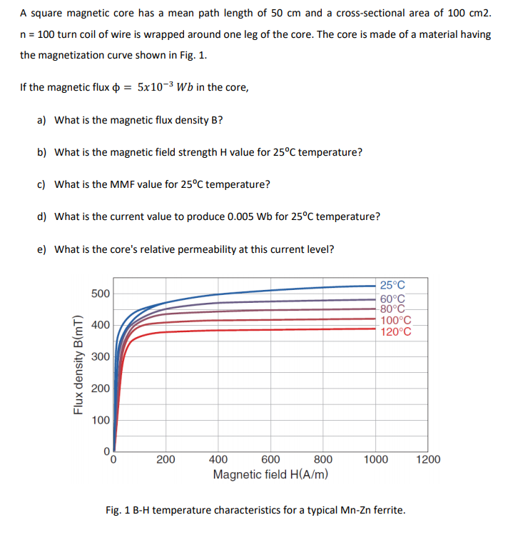 A square magnetic core has a mean path length of 50 cm and a cross-sectional area of 100 cm2.
n = 100 turn coil of wire is wrapped around one leg of the core. The core is made of a material having
the magnetization curve shown in Fig. 1.
If the magnetic flux o = 5x10-3 Wb in the core,
a) What is the magnetic flux density B?
b) What is the magnetic field strength H value for 25°C temperature?
c) What is the MMF value for 25°C temperature?
d) What is the current value to produce 0.005 Wb for 25°C temperature?
e) What is the core's relative permeability at this current level?
25°C
500
60°C
80°C
100°C
120°C
400
300
200
100
200
400
600
800
1000
1200
Magnetic field H(A/m)
Fig. 1 B-H temperature characteristics for a typical Mn-Zn ferrite.
Flux density B(mT)
