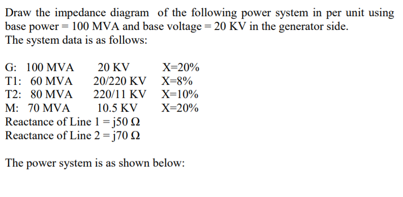 Draw the impedance diagram of the following power system in per unit using
base power = 100 MVA and base voltage = 20 KV in the generator side.
The system data is as follows:
G: 100 MVA
20 KV
X=20%
T1: 60 MVA
20/220 KV X=8%
T2: 80 MVA
220/11 KV X=10%
M: 70 ΜMVA
Reactance of Line 1 = j50 Q
Reactance of Line 2 = j70 Q
10.5 KV
X=20%
The power system is as shown below:
