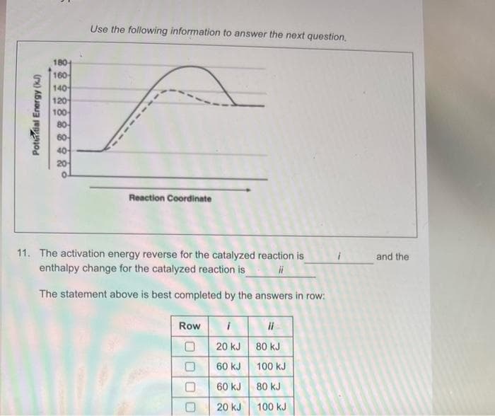 Use the following information to answer the next question,
180
160
140
120
100
80-
60-
40
20
Reaction Coordinate
11. The activation energy reverse for the catalyzed reaction is
and the
enthalpy change for the catalyzed reaction is
ii
The statement above is best completed by the answers in row:
Row
ii
20 kJ 80 kJ
60 kJ
100 kJ
60 kJ
80 kJ
20 kJ
100 kJ
Potutial Energy (kJ)
O000
